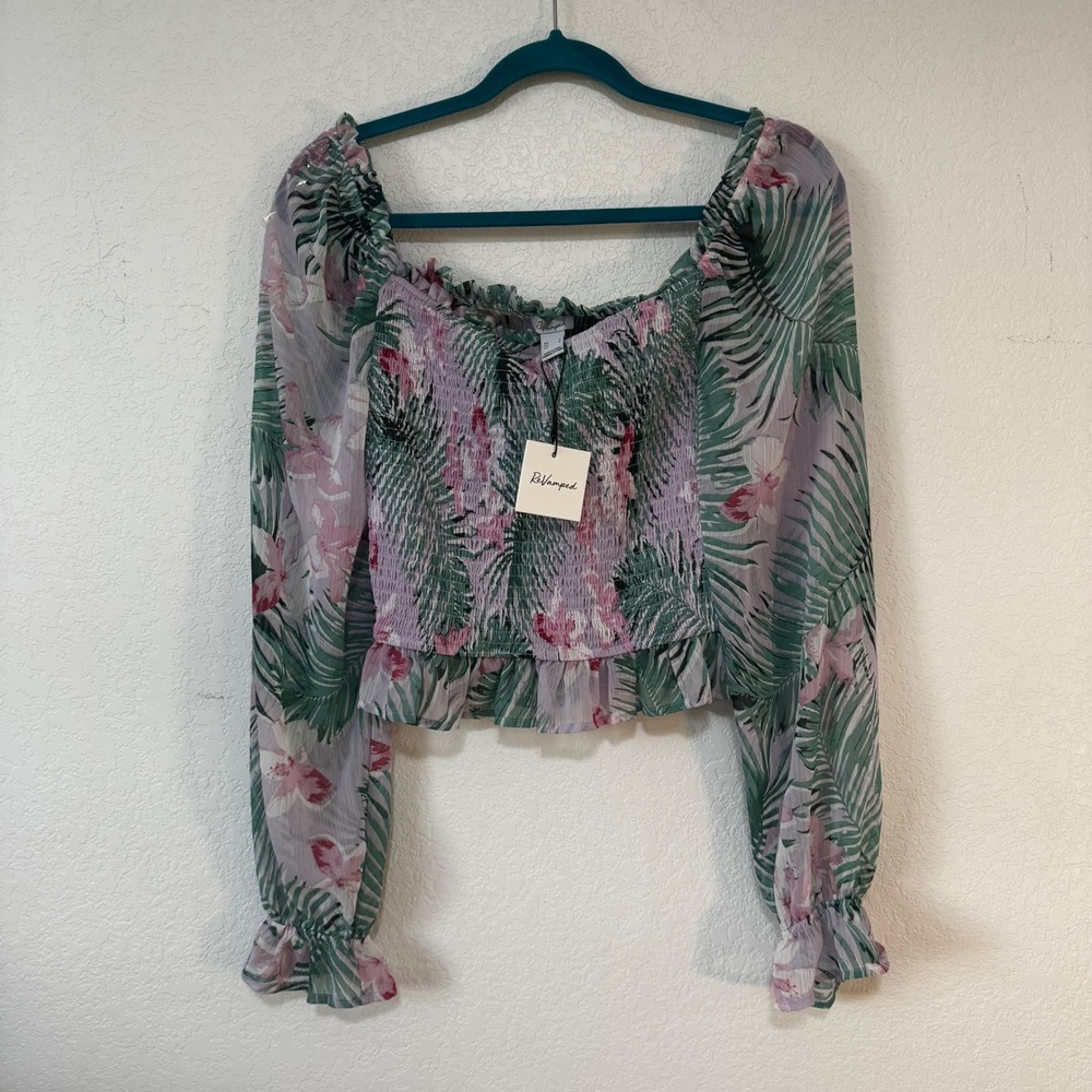 Revamped Womens Smocked Crop Top Square Neck Tropical Floral Long Sleeve Large